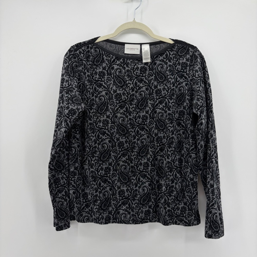 Liz Claiborne Womens Small Grey Black Paisley Long Sleeve Scoop Neck Knit Top
